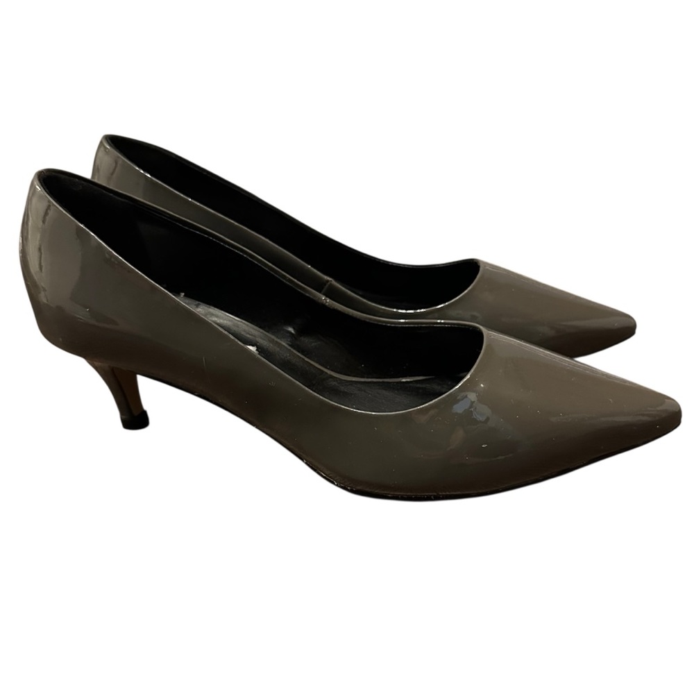 Le Chateau Patent Leather Pointed Toe Kitten Low Heel Pumps in Grey